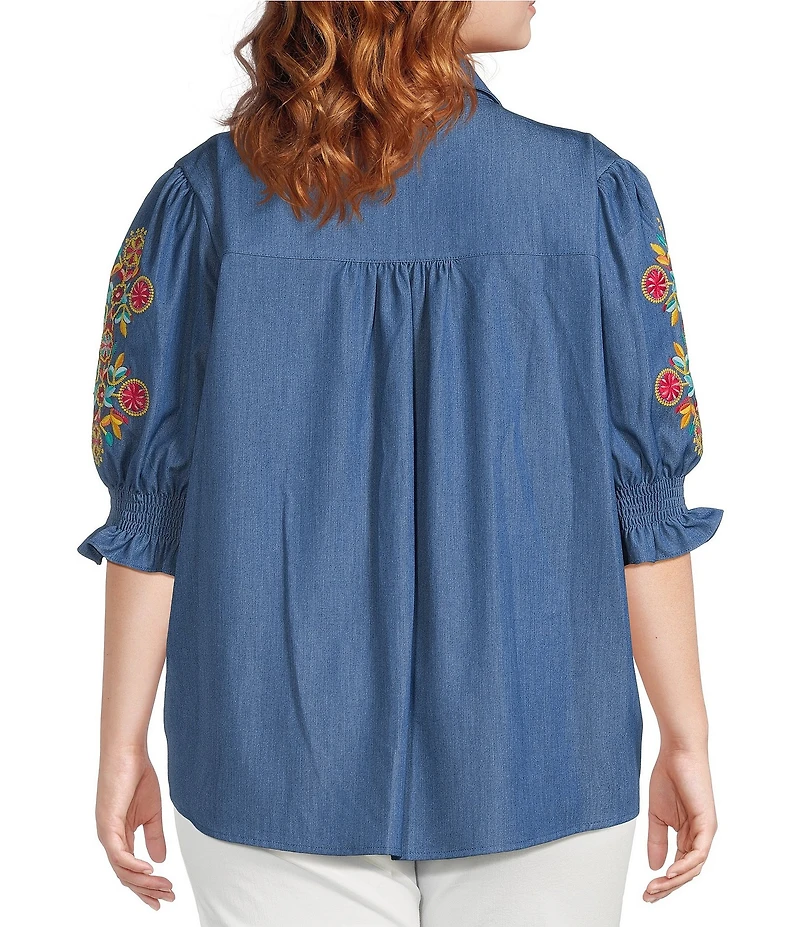 Calessa Plus Size Embroidered 3/4 Sleeve Point Collar Button Front Shirt