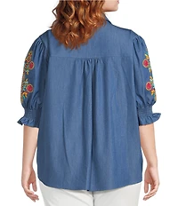 Calessa Plus Size Embroidered 3/4 Sleeve Point Collar Button Front Shirt