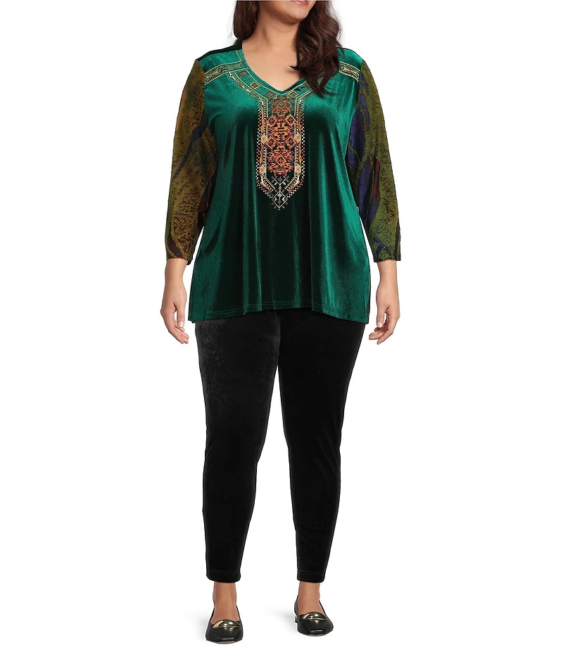 Calessa Plus Size Embroidered Burnout Tie-Dye Knit V-Neck 3/4 Sleeve Tunic