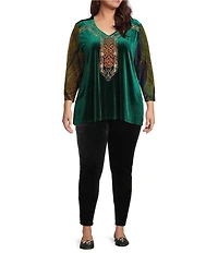 Calessa Plus Size Embroidered Burnout Tie-Dye Knit V-Neck 3/4 Sleeve Tunic