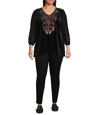 Calessa Plus Size Embroidered Burnout Velvet Floral V-Neck 3/4 Sleeve Knit Tunic