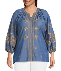 Calessa Plus Size Embroidered Chambray Split V-Neck Long Sleeve Tunic