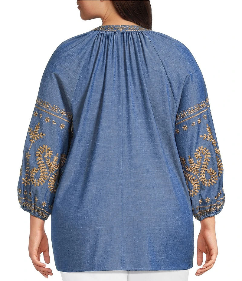 Calessa Plus Size Embroidered Chambray Split V-Neck Long Sleeve Tunic