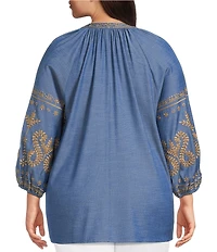 Calessa Plus Size Embroidered Chambray Split V-Neck Long Sleeve Tunic