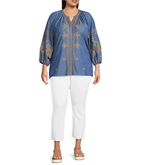 Calessa Plus Size Embroidered Chambray Split V-Neck Long Sleeve Tunic