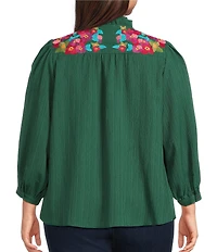 Calessa Plus Size Embroidered Crinkle Ruffled Split V-Neck 3/4 Sleeve Tunic