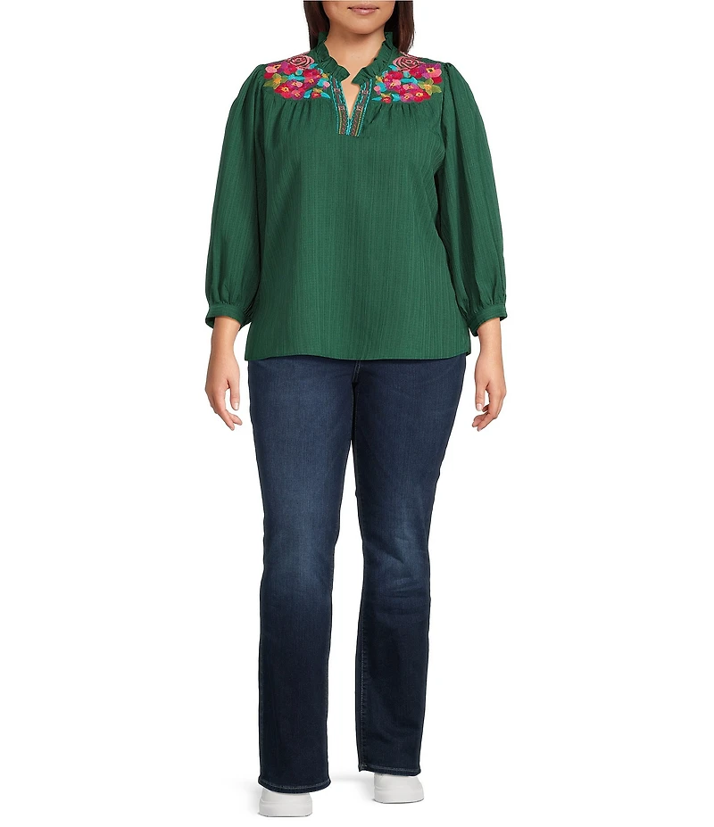 Calessa Plus Size Embroidered Crinkle Ruffled Split V-Neck 3/4 Sleeve Tunic