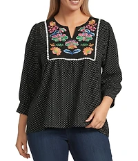 Calessa Plus Size Embroidered Dot Floral Round Split V-Neck 3/4 Sleeve Tunic