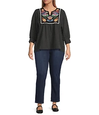 Calessa Plus Size Embroidered Dot Floral Round Split V-Neck 3/4 Sleeve Tunic