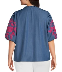 Calessa Plus Size Embroidered Elbow Sleeve Split V-Neck Tunic