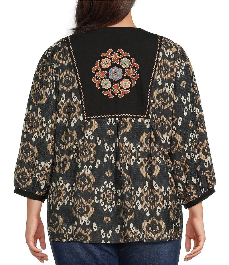 Plus Size Embroidered Floral Paisley Print Round Split Neck 3/4 Sleeve Tassel Tie Tunic