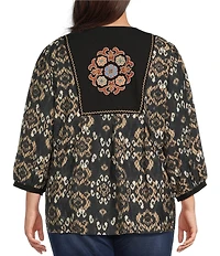 Plus Size Embroidered Floral Paisley Print Round Split Neck 3/4 Sleeve Tassel Tie Tunic