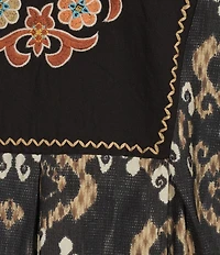 Plus Size Embroidered Floral Paisley Print Round Split Neck 3/4 Sleeve Tassel Tie Tunic