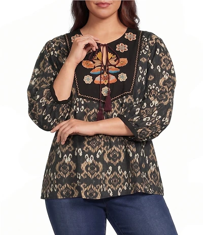 Plus Size Embroidered Floral Paisley Print Round Split Neck 3/4 Sleeve Tassel Tie Tunic