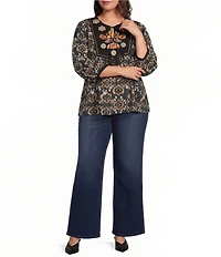 Plus Size Embroidered Floral Paisley Print Round Split Neck 3/4 Sleeve Tassel Tie Tunic