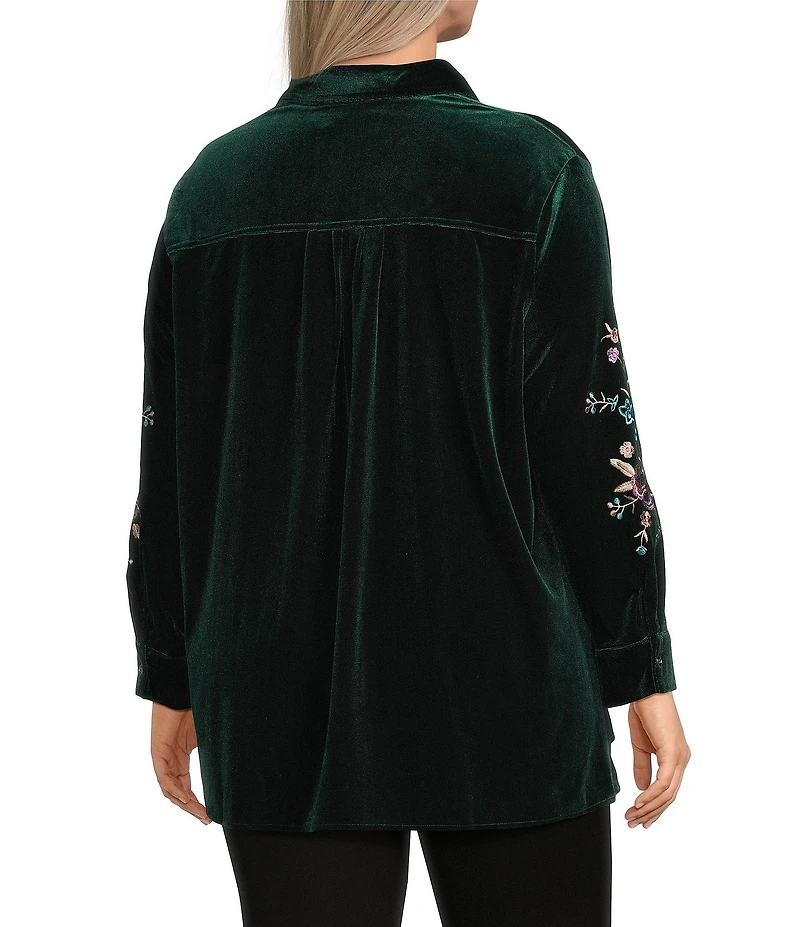 Calessa Plus Size Embroidered Floral Point Collar Long Sleeve Button Front Velvet Shirt