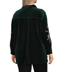 Calessa Plus Size Embroidered Floral Point Collar Long Sleeve Button Front Velvet Shirt