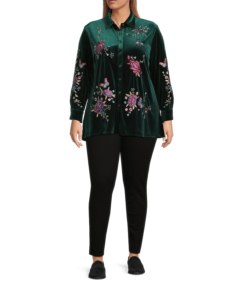 Calessa Plus Size Embroidered Floral Point Collar Long Sleeve Button Front Velvet Shirt