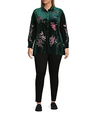 Calessa Plus Size Embroidered Floral Point Collar Long Sleeve Button Front Velvet Shirt