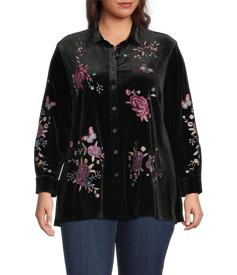 Calessa Plus Size Embroidered Floral Point Collar Long Sleeve Button Front Velvet Shirt