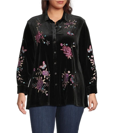 Calessa Plus Size Embroidered Floral Point Collar Long Sleeve Button Front Velvet Shirt