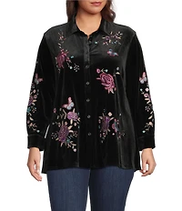 Calessa Plus Size Embroidered Floral Point Collar Long Sleeve Button Front Velvet Shirt