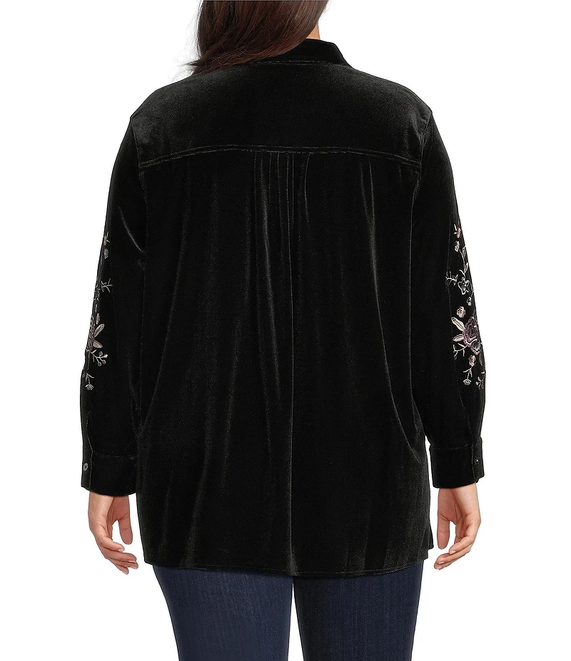 Calessa Plus Size Embroidered Floral Point Collar Long Sleeve Button Front Velvet Shirt