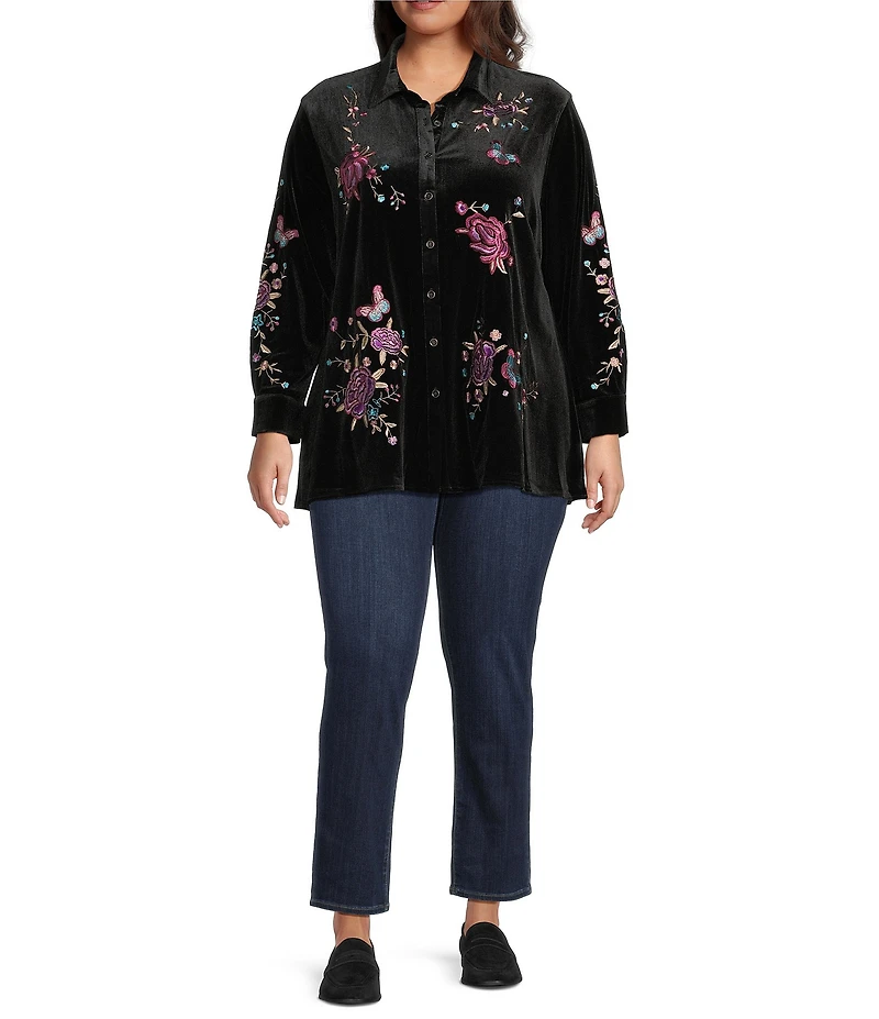 Calessa Plus Size Embroidered Floral Point Collar Long Sleeve Button Front Velvet Shirt