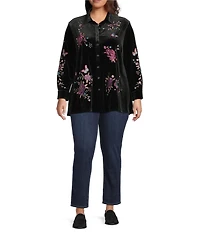 Calessa Plus Size Embroidered Floral Point Collar Long Sleeve Button Front Velvet Shirt