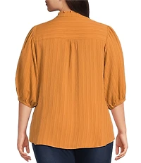 Calessa Plus Size Embroidered Floral Split V-Neck 3/4 Sleeve Button Front Tunic