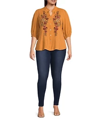 Calessa Plus Size Embroidered Floral Split V-Neck 3/4 Sleeve Button Front Tunic