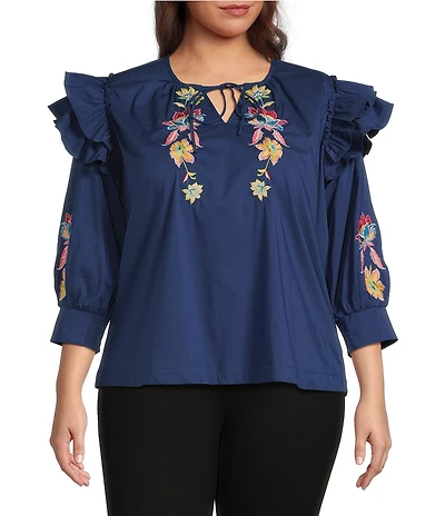 Calessa Plus Size Embroidered Floral Split V-Neck Elbow Sleeve Top
