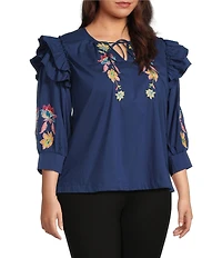 Calessa Plus Size Embroidered Floral Split V-Neck Elbow Sleeve Top