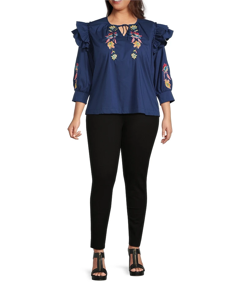 Calessa Plus Size Embroidered Floral Split V-Neck Elbow Sleeve Top