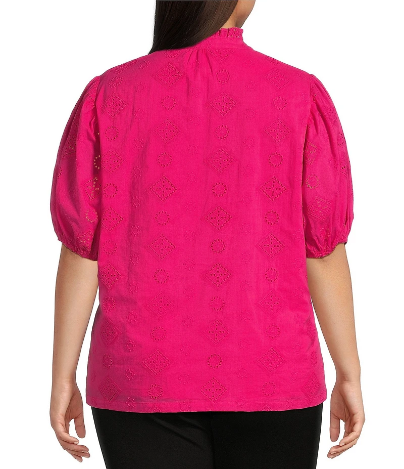 Calessa Plus Size Embroidered High Ruffled Split V-Neck Short Puff Sleeve Tunic
