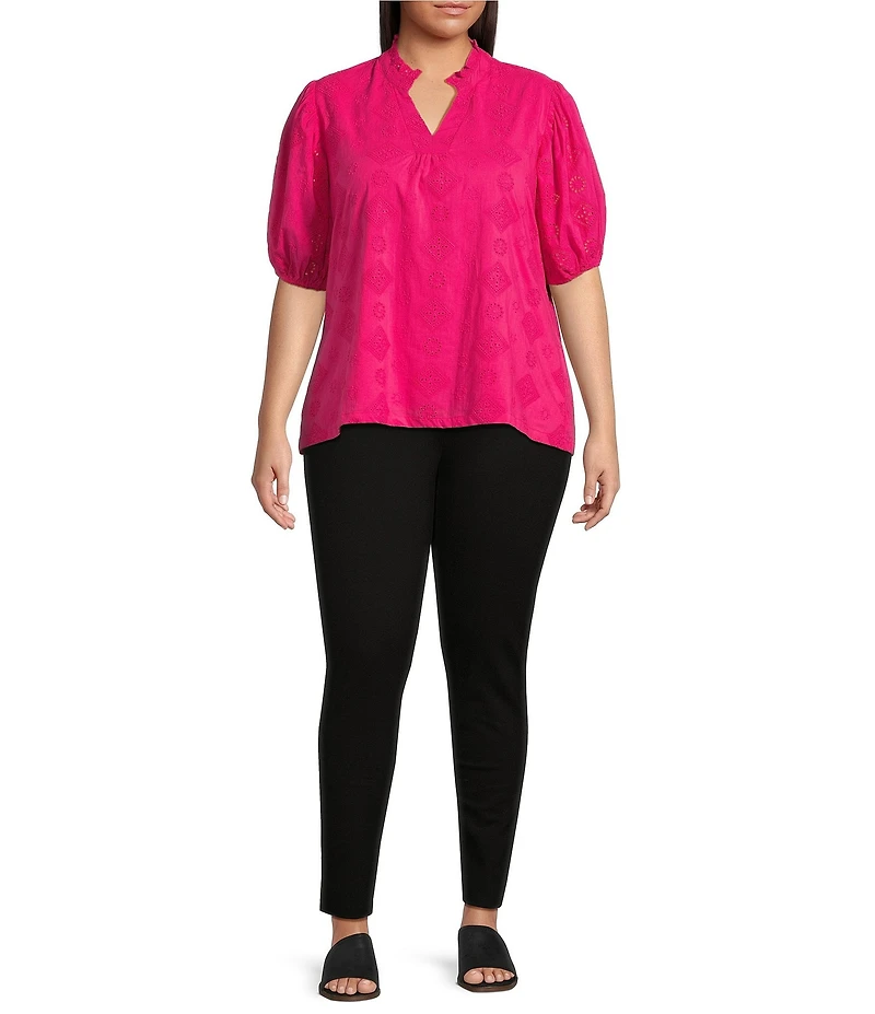 Calessa Plus Size Embroidered High Ruffled Split V-Neck Short Puff Sleeve Tunic