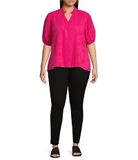 Calessa Plus Size Embroidered High Ruffled Split V-Neck Short Puff Sleeve Tunic