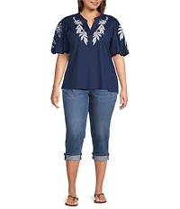 Calessa Plus Size Embroidered Lace Split V-Neck Short Puff Sleeve Tunic
