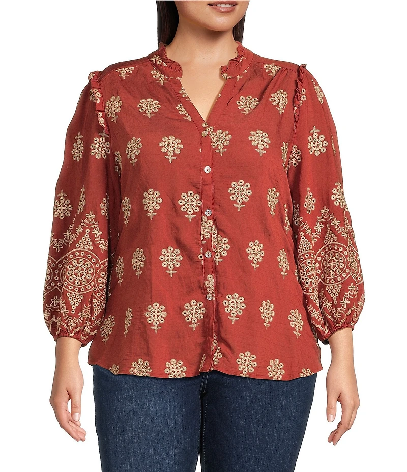 Calessa Plus Size Embroidered Medallion Print Split V-Neck Long Sleeve Button Front Tunic