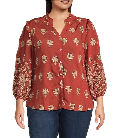 Calessa Plus Size Embroidered Medallion Print Split V-Neck Long Sleeve Button Front Tunic