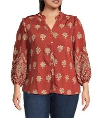 Calessa Plus Size Embroidered Medallion Print Split V-Neck Long Sleeve Button Front Tunic