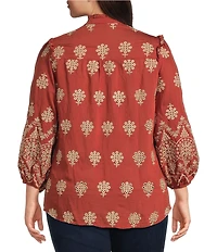 Calessa Plus Size Embroidered Medallion Print Split V-Neck Long Sleeve Button Front Tunic
