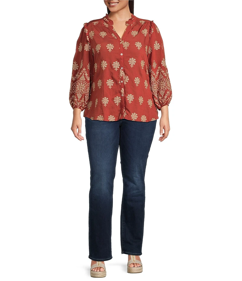 Calessa Plus Size Embroidered Medallion Print Split V-Neck Long Sleeve Button Front Tunic