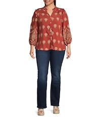 Calessa Plus Size Embroidered Medallion Print Split V-Neck Long Sleeve Button Front Tunic