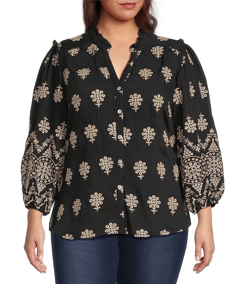 Calessa Plus Size Embroidered Medallion Split V-Neck Wrist Sleeve Button Front Tunic