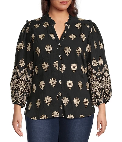 Calessa Plus Size Embroidered Medallion Split V-Neck Wrist Sleeve Button Front Tunic