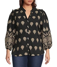 Calessa Plus Size Embroidered Medallion Split V-Neck Wrist Sleeve Button Front Tunic