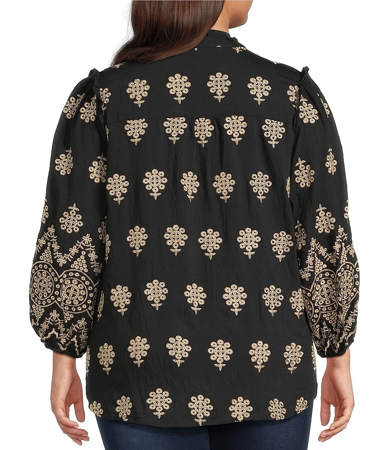 Calessa Plus Size Embroidered Medallion Split V-Neck Wrist Sleeve Button Front Tunic