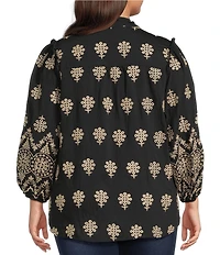 Calessa Plus Size Embroidered Medallion Split V-Neck Wrist Sleeve Button Front Tunic