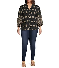 Calessa Plus Size Embroidered Medallion Split V-Neck Wrist Sleeve Button Front Tunic